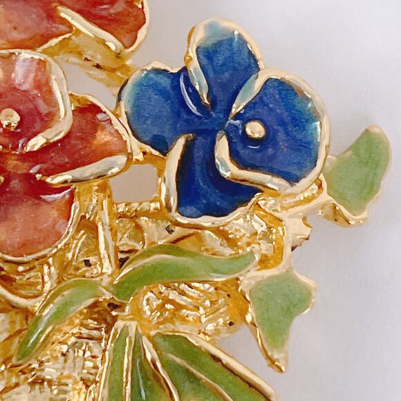 Vintage 60s Brooch Enamel Flower Basket Mid Century Jewelry Gold Tone Garden Pin - Picture 3 of 8
